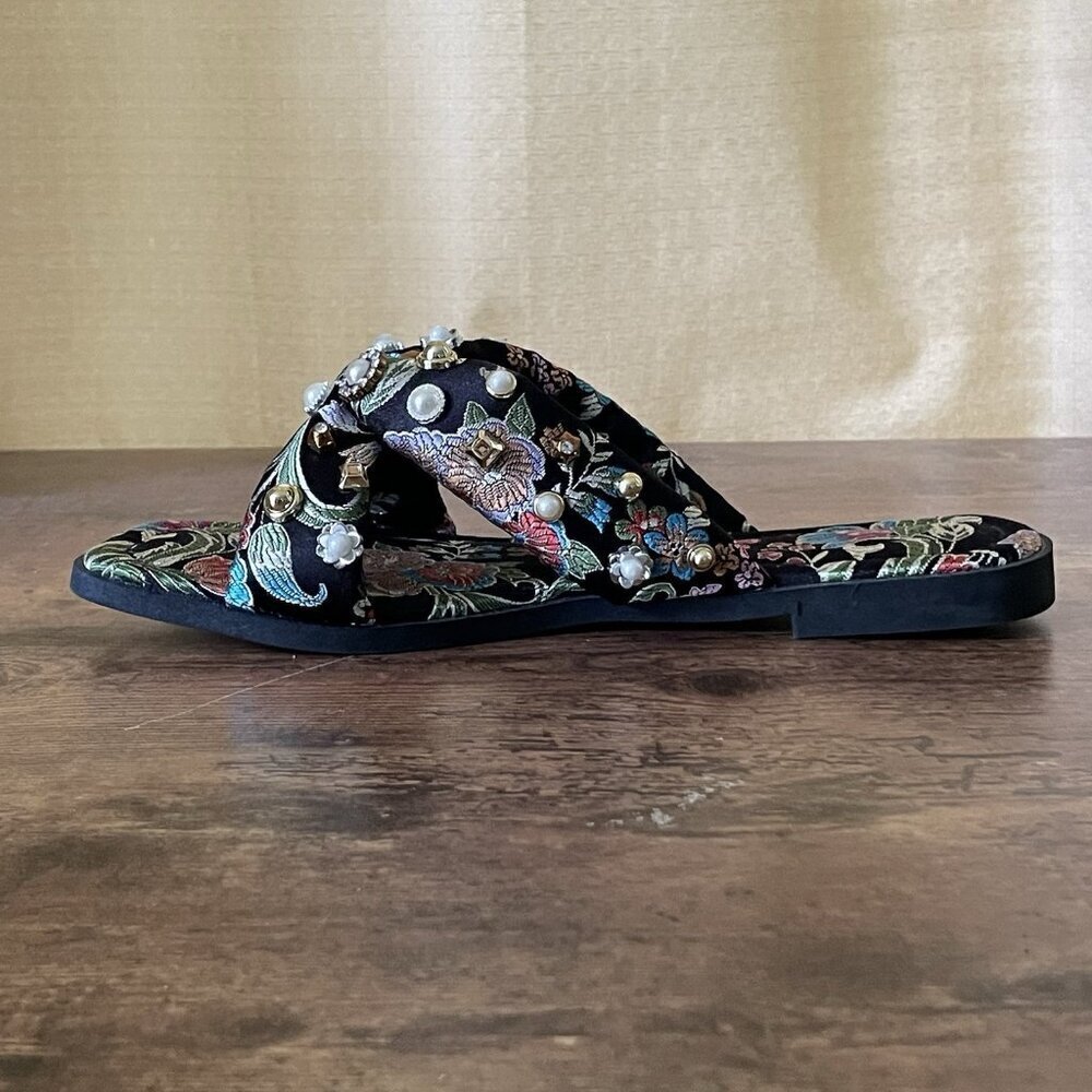 Azalea Wang Womens Ramsey Sandal Sz 7 Black Floral Jacquard Beaded Pearl Crystal - Picture 6 of 13